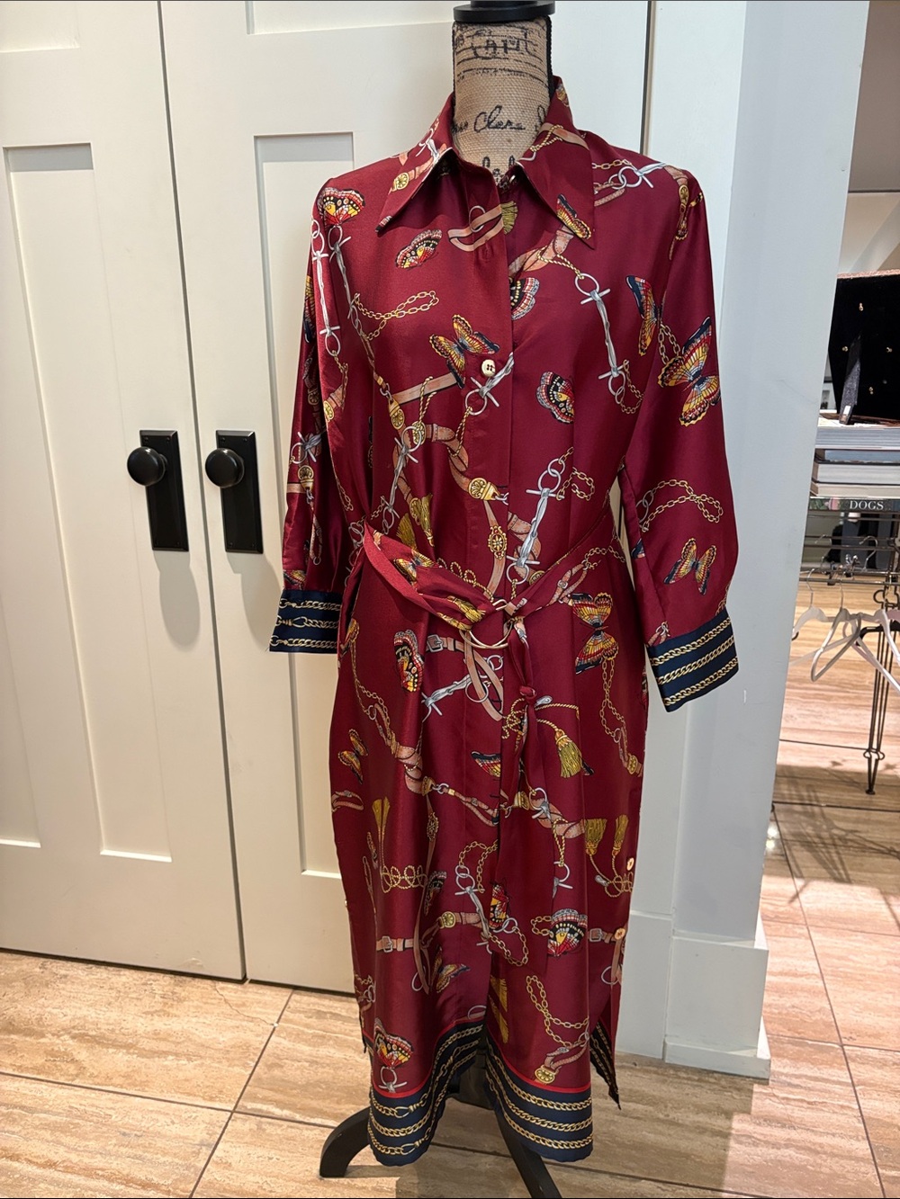 Zara Burgundy Chain-Print Midi Shirt Dress